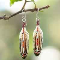 Garnet dangle earrings, 'Feathered Passion' - Feather-Shaped Hand-Painted Dangle Earrings with Garnet Gems