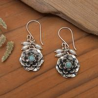 Cultured pearl and larimar dangle earrings, 'Splendid Lotus' - Floral Silver Earrings with Larimar Gems and Cultured Pearls