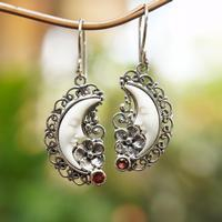 Garnet dangle earrings, 'Dreaming Moon' - Silver Garnet Dangle Earrings with Hand-Carved Moon Motif