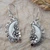 Garnet dangle earrings, 'Dreaming Moon' - Silver Garnet Dangle Earrings with Hand-Carved Moon Motif