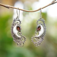 Garnet dangle earrings, 'Moonlight in Winter' - Crescent Moon-Themed Silver and Garnet Dangle Earrings