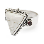Garnet cocktail ring, 'Triangle Face' - Silver Garnet Cocktail Ring with Carved Triangular Face