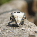 Garnet cocktail ring, 'Triangle Face' - Silver Garnet Cocktail Ring with Carved Triangular Face