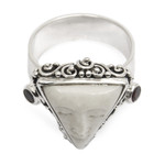 Garnet cocktail ring, 'Triangle Face' - Silver Garnet Cocktail Ring with Carved Triangular Face