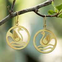 Gold-plated dangle earrings, 'Swan Elegance' - Swan-Themed Openwork 18k Gold-Plated Dangle Earrings