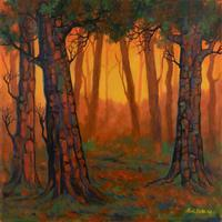 'The Primordial Forest' - Impressionist Orange and Green Acrylic Painting of a Forest