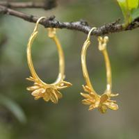 Gold-plated hoop earrings, 'Primaveral Crown' - Spring-Themed Polished 18k Gold-Plated Brass Hoop Earrings