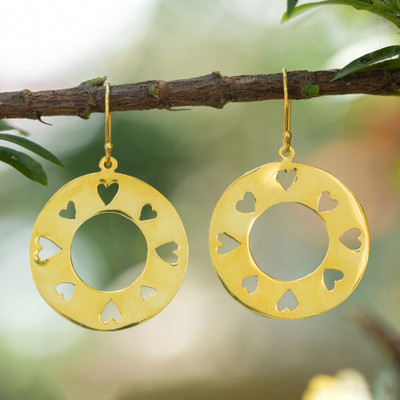 Gold-plated dangle earrings, 'Romantic Cycle' - Romantic Heart-Themed 18k Gold-Plated Brass Dangle Earrings