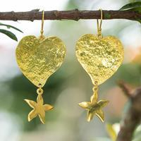 Gold-plated dangle earrings, 'Tropical Romance' - Artisan-Made Floral 18k Gold-Plated Heart Dangle Earrings