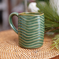 Ceramic mug, 'Banana Vibes' - Handcrafted Banana Leaf-Themed Glazed Ceramic Mug in Green