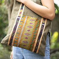 Ikat tote bag, 'Island Olive' - Ikat-Themed Olive Cotton Canvas Tote Bag Crafted in Bali