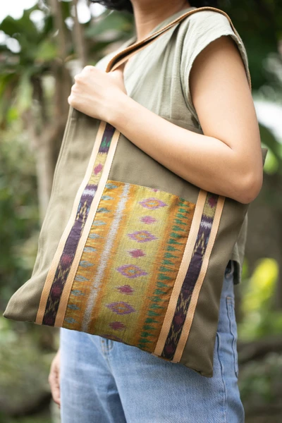 Ikat tote bag, 'Island Olive' - Ikat-Themed Olive Cotton Canvas Tote Bag Crafted in Bali