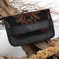 Men's ikat leather card holder, 'Dark Woven' - Men's Leather and Ikat Textile Card Holder in a Dark Palette