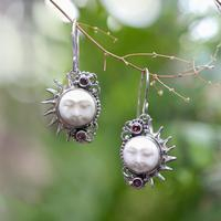 Garnet dangle earrings, 'Morning Sunrise' - Hand-Carved Sun-Themed Silver Garnet Dangle Earrings