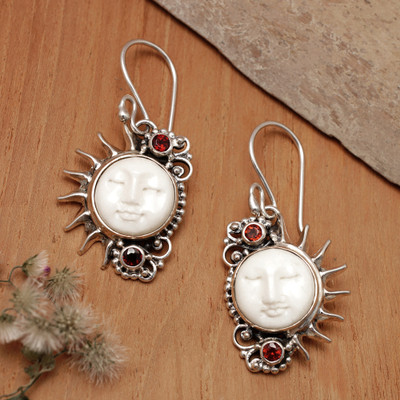 Garnet dangle earrings, 'Morning Sunrise' - Hand-Carved Sun-Themed Silver Garnet Dangle Earrings
