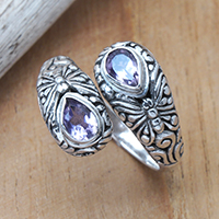 Amethyst wrap ring, 'Bonds of Wisdom' - Folk Art-Themed Sterling Silver and Pear Amethyst Wrap Ring