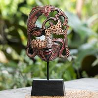 Wood mask, 'Queen of Forest' - Traditional Batik Red and Brown Pule Wood Mask with Stand