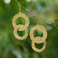 Gold-plated dangle earrings, 'Second Circle' - Hammered Entwined Circles 18k Gold-Plated Dangle Earrings