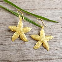 Gold-plated dangle earrings, 'Starfish Radiance' - Textured Starfish-Themed 18k Gold-Plated Dangle Earrings