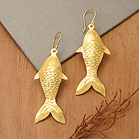 Gold-plated dangle earrings, 'Good Fortune Fish' - Fish-Themed 18k Gold-Plated Brass Dangle Earrings from Bali