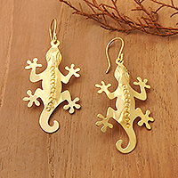 Gold-plated dangle earrings, 'Sunshine Lizard' - Balinese-Made 18k Gold-Plated Brass Lizard Dangle Earrings