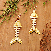 Gold-plated dangle earrings, 'Golden Omens' - Polished 18k Gold-Plated Brass Fish Skeleton Dangle Earrings