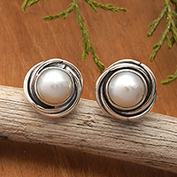 Cultured pearl button earrings, 'Pearly Whirls' - Cultured Pearl and Sterling Silver Whirl Button Earrings