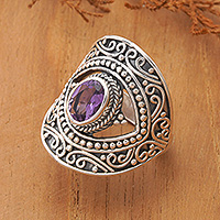 Amethyst cocktail ring, 'Eye for Wisdom' - Artisan-Made Folk Art Faceted Oval Amethyst Cocktail Ring