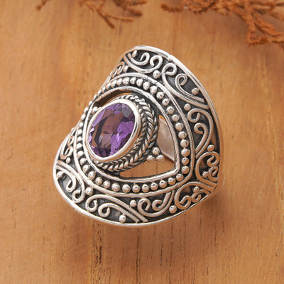 Amethyst cocktail ring, 'Eye for Wisdom' - Artisan-Made Folk Art Faceted Oval Amethyst Cocktail Ring