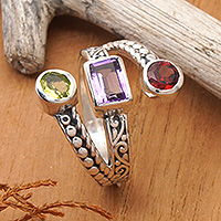 Multi-gemstone cocktail ring, 'Orbiting Rainbow' - High-Polished One-Carat Faceted Multi-Gemstone Cocktail Ring