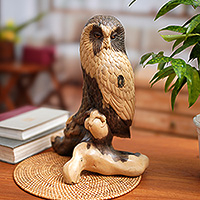 Wood sculpture, 'Peeking My Prey' - Owl-Themed Hand-Carved Hibiscus Wood Sculpture from Bali