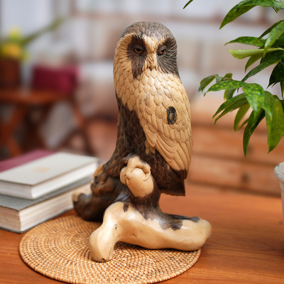 Wood sculpture, 'Peeking My Prey' - Owl-Themed Hand-Carved Hibiscus Wood Sculpture from Bali