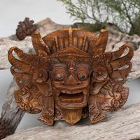 Wood mask, 'Balinese Fieriness' - Traditional Hand-Carved Acacia Wood Barong Mask from Bali