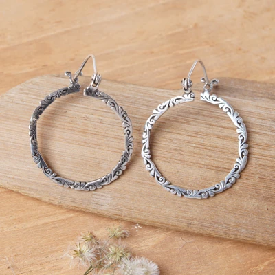 Sterling silver hoop earrings, 'Eternal Prosperity' - Leafy Polished and Oxidized Sterling Silver Hoop Earrings