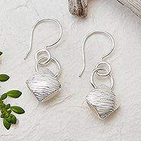 Sterling silver dangle earrings, 'Chic Cushion' - Geometric Textured Modern Silver Dangle Earrings from Bali