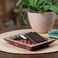 Wood catchall, 'Flaming Clover' - Javanese Clover Patterned Crimson Red Pule Wood Catchall