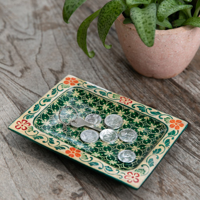 Wood catchall, 'True Clover' - Fair Trade Clover-Themed Green Pule Wood Catchall from Java