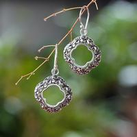 Sterling silver dangle earrings, 'Spring Vestiges' - Folk Art Floral Sterling Silver Dangle Earrings from Bali