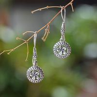 Sterling silver dangle earrings, 'New Plumeria' - Artisan-Made Floral Polished and Oxidized Dangle Earrings