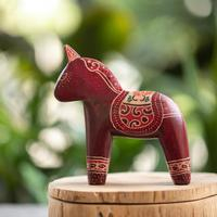 Wood sculpture, 'Crimson Dala Horse' - Folk Art-Themed Batik Crimson-Red Pule Wood Horse Sculpture