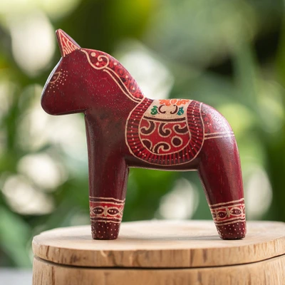 Wood batik sculpture, 'Crimson Horse' - Folk Art-Themed Batik Crimson-Red Pule Wood Horse Sculpture