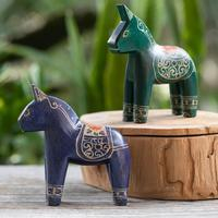 Batik wood figurines, 'Colorful Dala Horses' (pair) - Pair of Hand-Painted Batik Dala Horse-Themed Wood Figurines