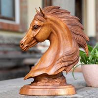 Wood sculpture, 'Horse King' - Polished Horse Head Wood Sculpture Carved by Hand in Bali