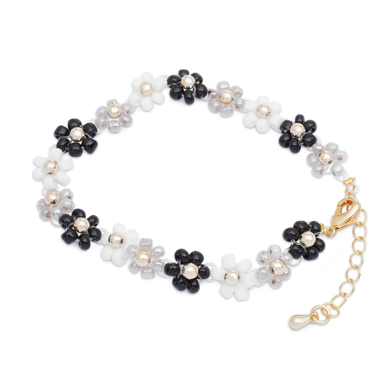 Handcrafted Floral Black and White Crystal Beaded Bracelet - Classic ...