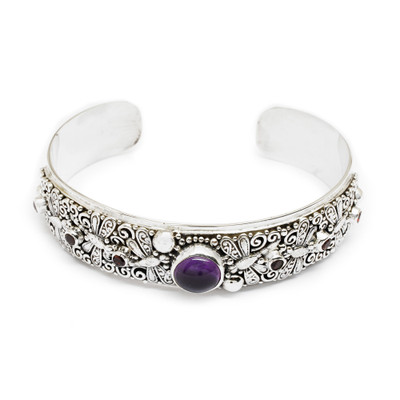 Amethyst and garnet cuff bracelet, 'Dragonfly Arcadia' - Folk Art-Themed Amethyst and Garnet Dragonfly Cuff Bracelet