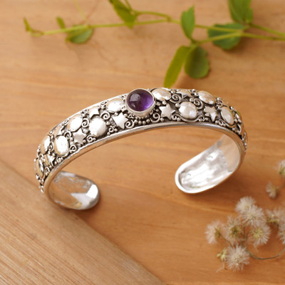 Amethyst cuff bracelet, 'Wise Night' - Balinese-Made Star and Moon-Themed Amethyst Cuff Bracelet