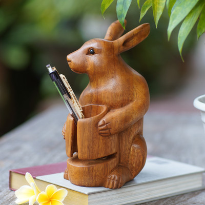 Wood pen holder, 'Single Bunny' - Handcrafted Bunny-Themed Suar Wood Pen Holder Made in Bali
