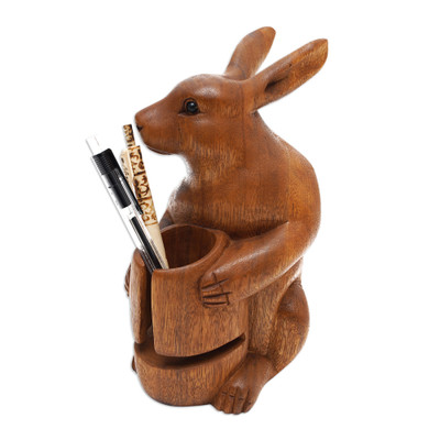 Wood pen holder, 'Single Bunny' - Handcrafted Bunny-Themed Suar Wood Pen Holder Made in Bali