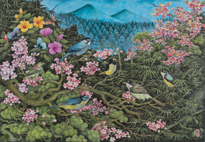 'Batur of the Jungle' - Realist Acrylic on Paper Landscape Painting from Indonesia