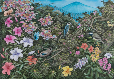 'Singing Birds' - Bird Butterfly-Themed Acrylic on Paper Landscape Painting
